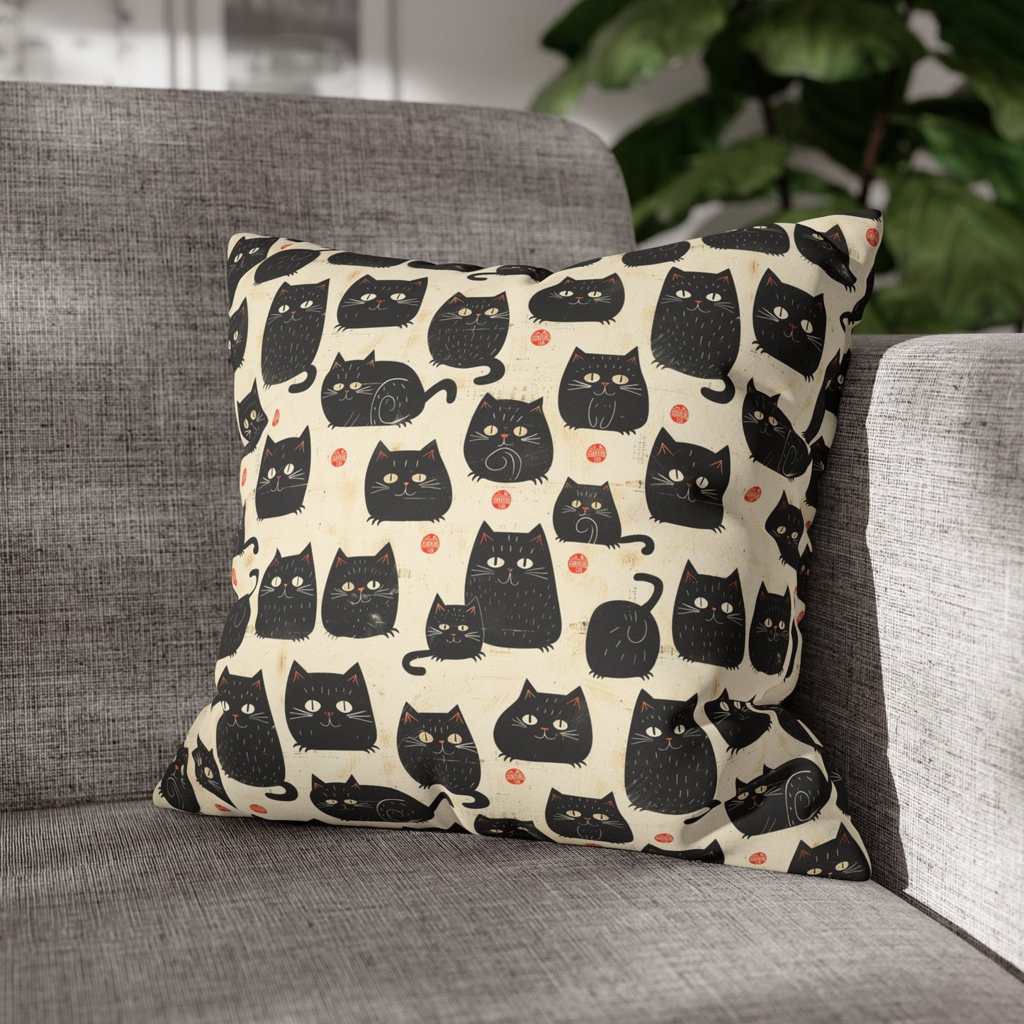 Japanese Black Cat Faux Suede Square Pillowcase - Nihon Kollection