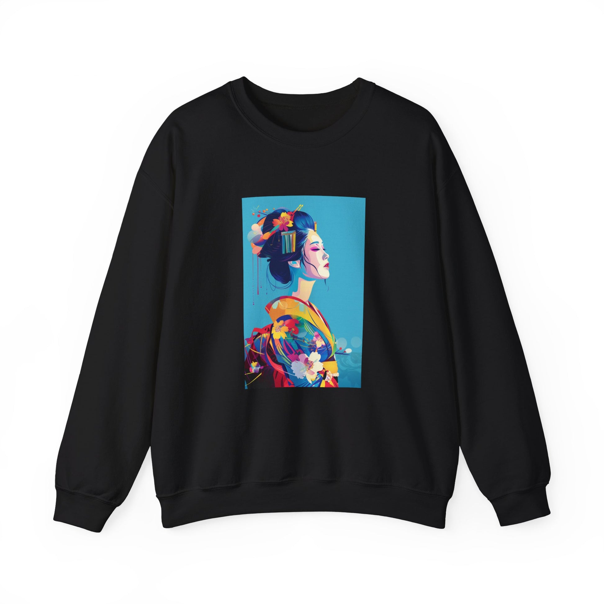 black sweatshirt featuring a colorful anime-style illustration of a geisha. The geisha is depicted with intricate details, including traditional attire and ornate hair accessories, set against the vibrant blue background