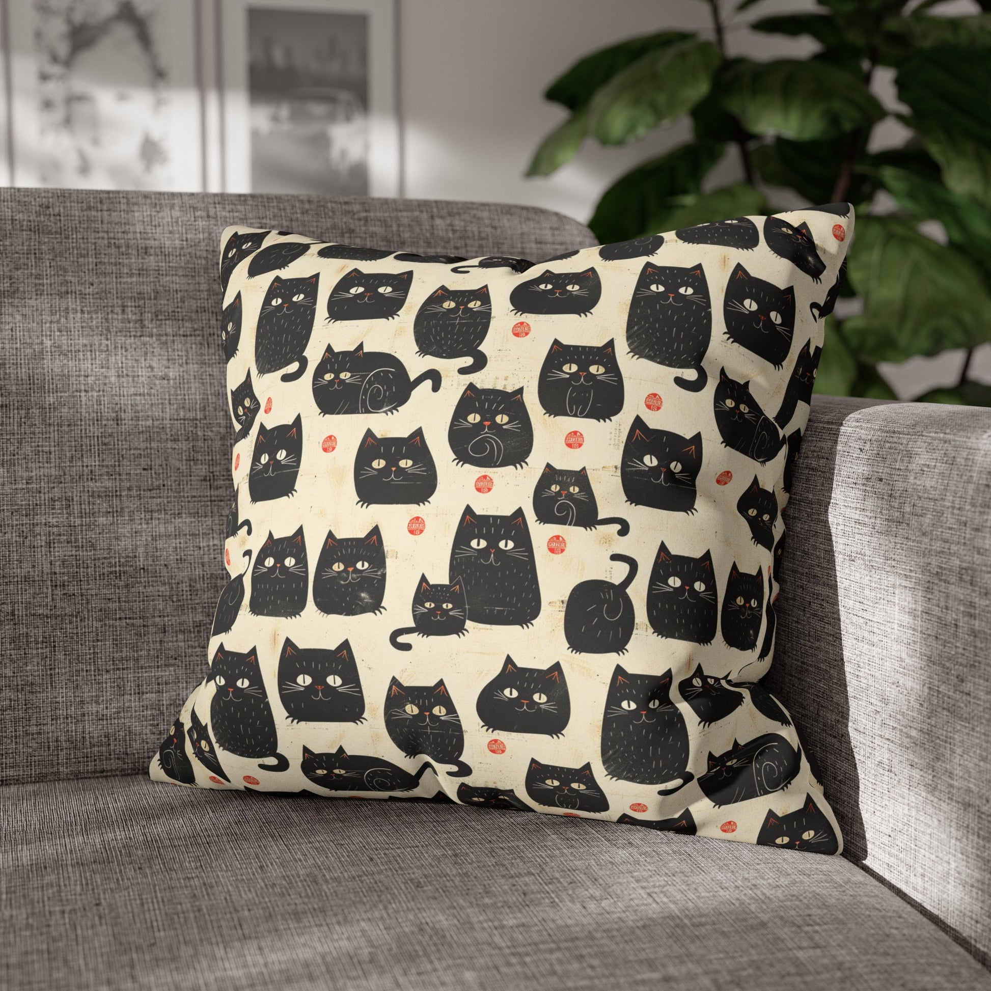 Japanese Black Cat Faux Suede Square Pillowcase - Nihon Kollection