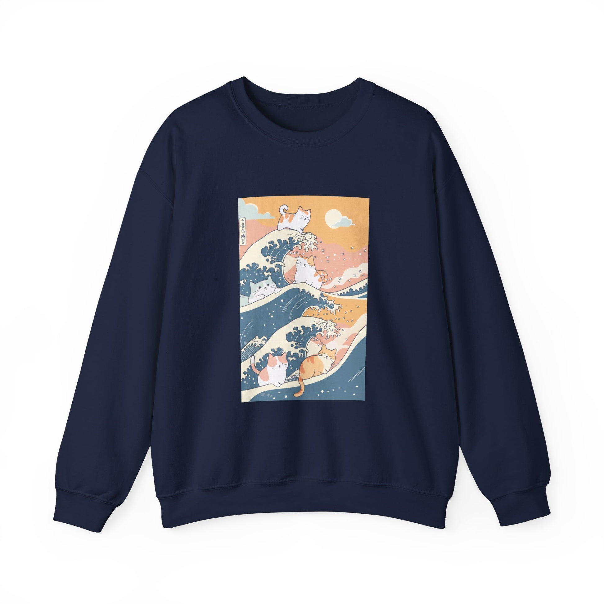 navy blue sweatshirt featuring a simple doodle of cats riding Hokusai's Great Wave in a cute doodle style, with a pastel color palette