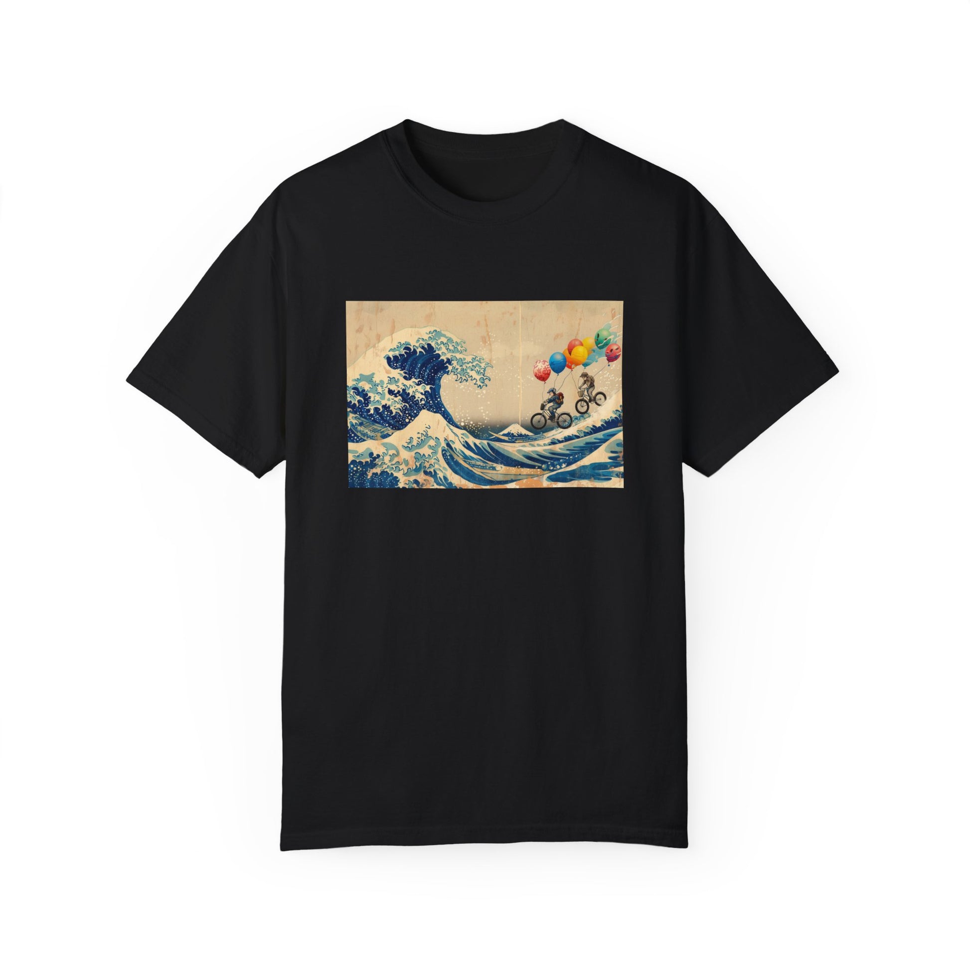 black t-shirt featuring a unique design of bicycle riders with balloons superimposed on Hokusai's The Great Wave. The riders are depicted pedaling across the iconic wave, holding colorful balloons that contrast with the traditional blue and white artwork