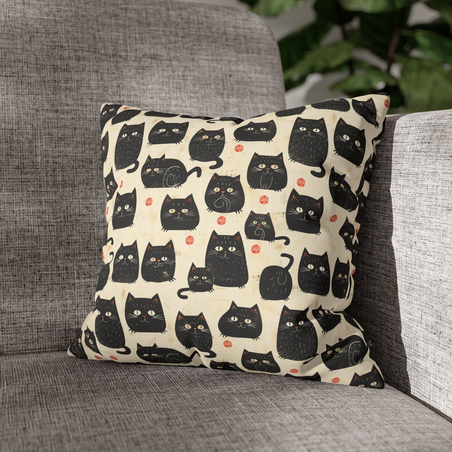 Japanese Black Cat Faux Suede Square Pillowcase - Nihon Kollection