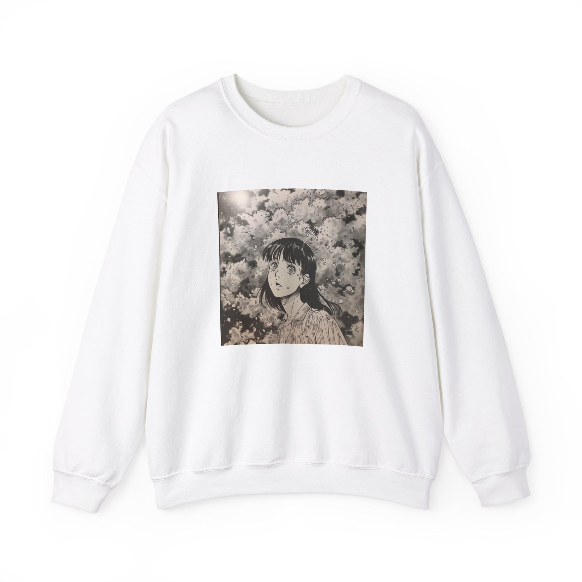 white Sweatshirt featuring a design of a comic book panel with a Japanese girl, depicted as an ethereal humanoid in a subtle 2D cartoon anime style with ink illustrations