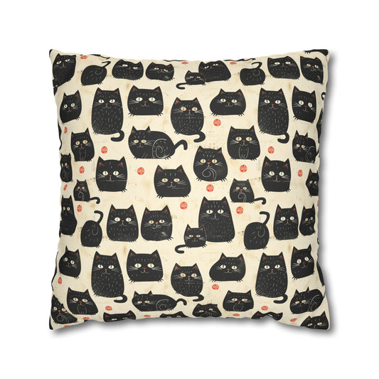 Japanese Black Cat Faux Suede Square Pillowcase - Nihon Kollection