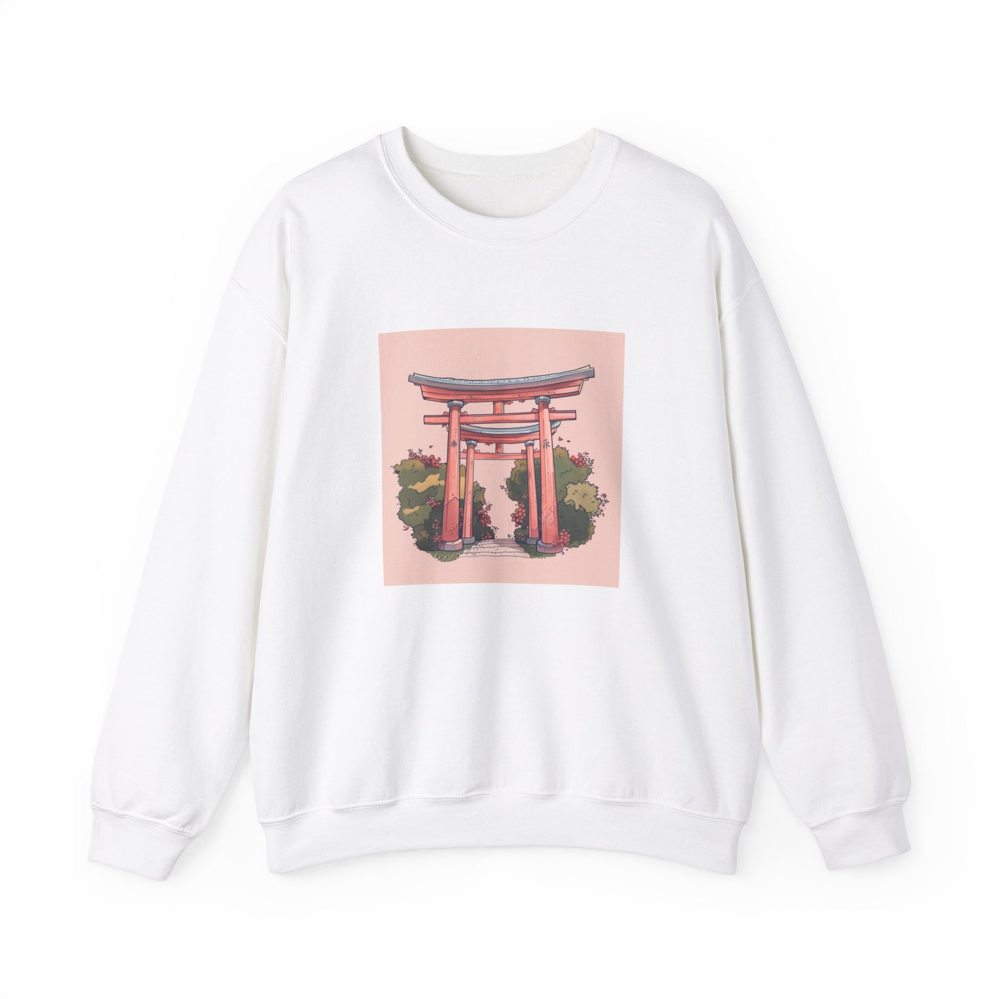 white Sweatshirt featuring a simple doodle of a torii gate in a cute doodle style, with a pastel color palette