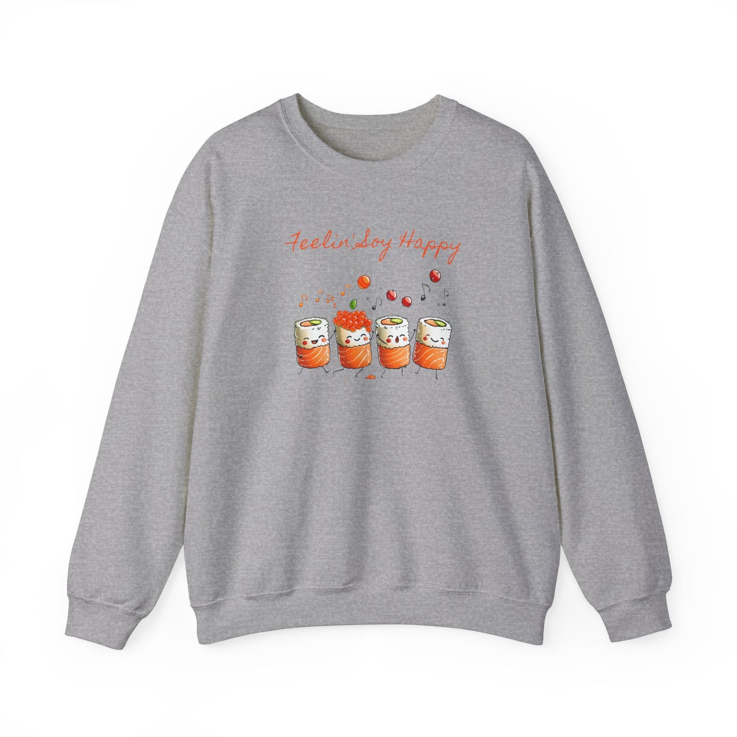 grey sport Sweatshirt featuring a playful design of dancing and singing sushi rolls with happy faces