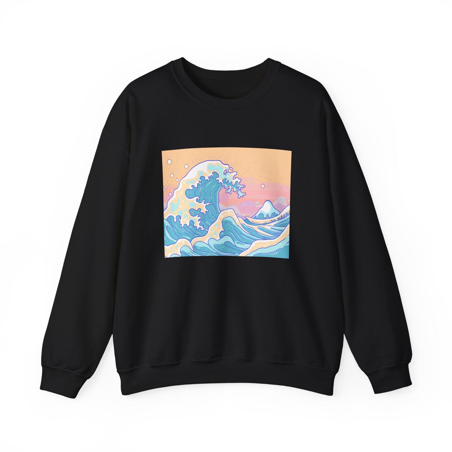 black Sweatshirt featuring a design of a simple doodle of The Great Wave in a cute doodle style with a pastel color palette