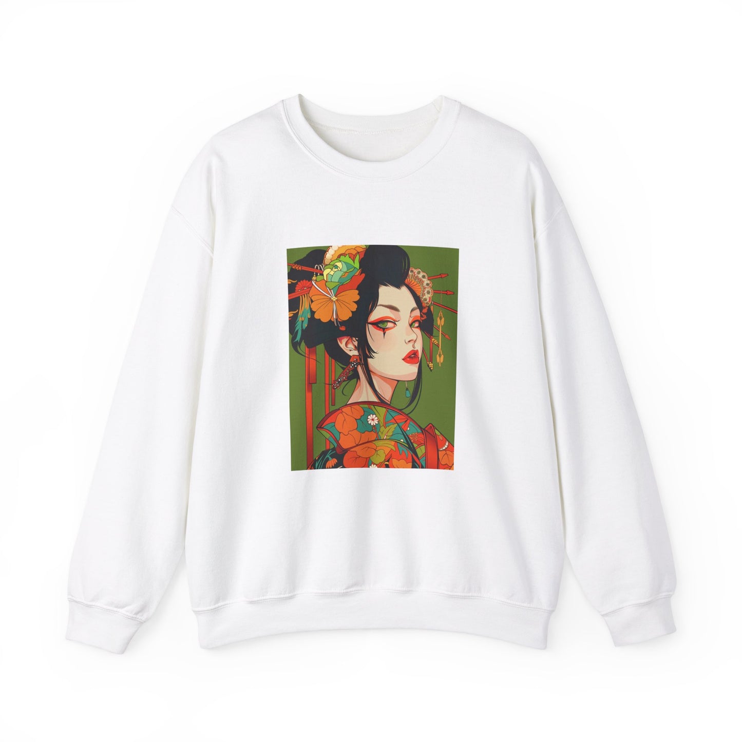 white Sweatshirt featuring an anime-style illustration of a geisha in the style of witchcraft and fantasy, with vibrant orange and green colors