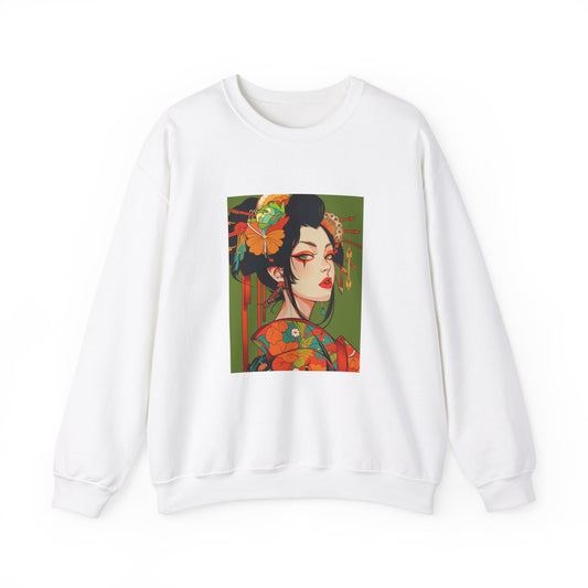 white Sweatshirt featuring an anime-style illustration of a geisha in the style of witchcraft and fantasy, with vibrant orange and green colors