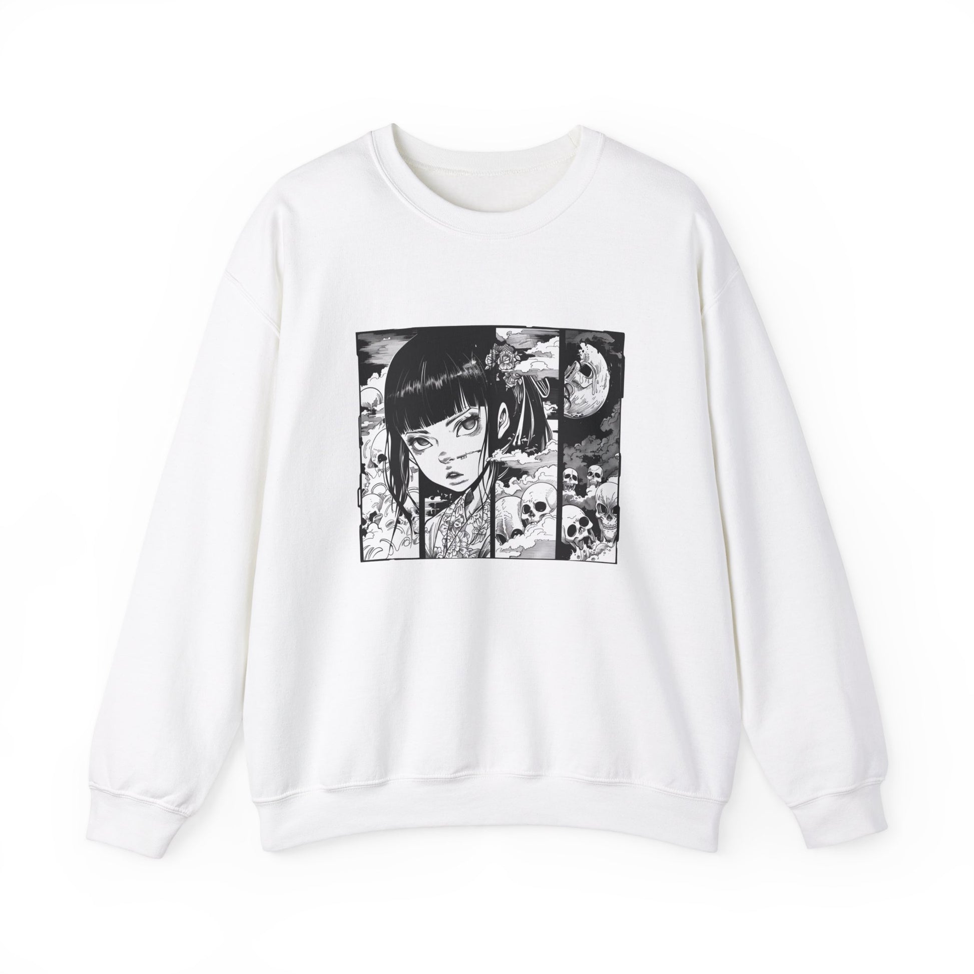 white Sweatshirt featuring a design of a comic book panel with a Japanese girl, depicted as an ethereal humanoid in a subtle 2D cartoon anime style with ink illustrations