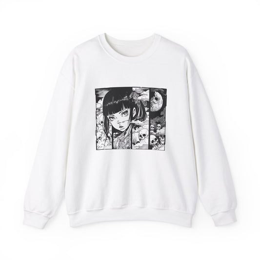 white Sweatshirt featuring a design of a comic book panel with a Japanese girl, depicted as an ethereal humanoid in a subtle 2D cartoon anime style with ink illustrations