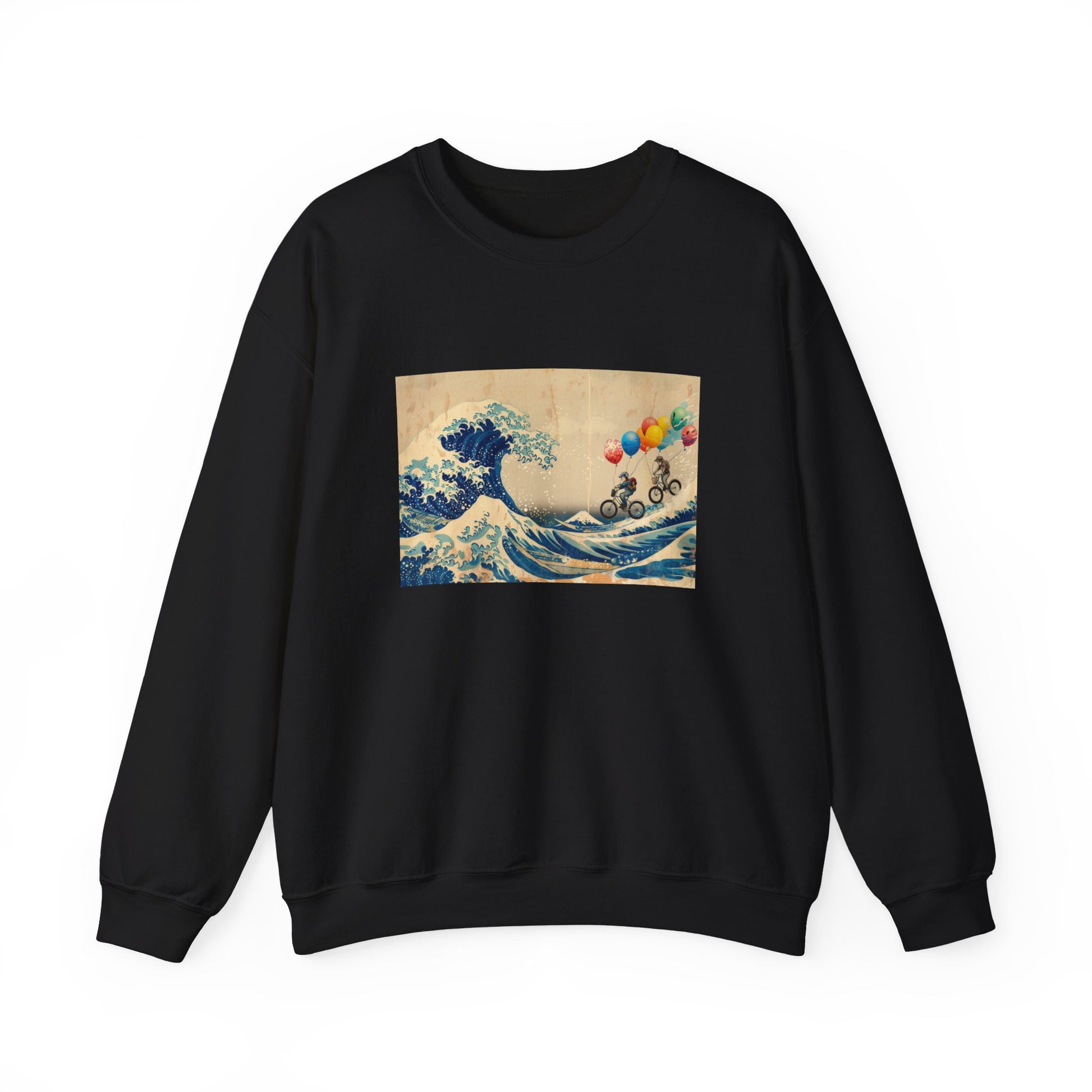 black Sweatshirt featuring a unique design of bicycle riders with balloons superimposed on Hokusai's The Great Wave. The riders are depicted pedaling across the iconic wave, holding colorful balloons that contrast with the traditional blue and white artwork