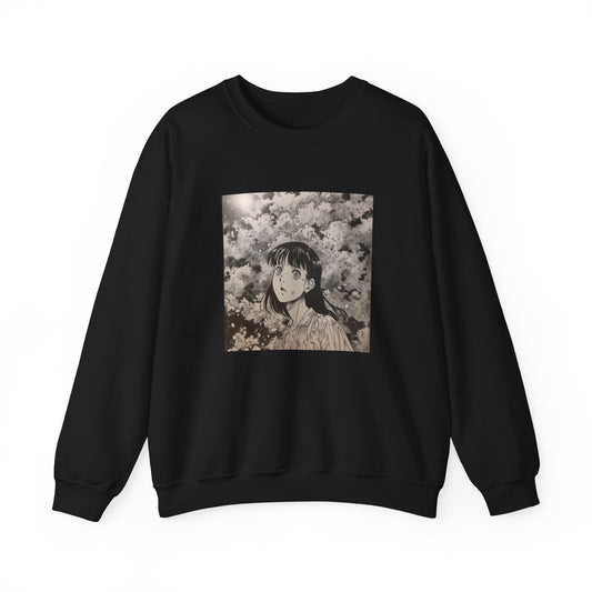 black Sweatshirt featuring a design of a comic book panel with a Japanese girl, depicted as an ethereal humanoid in a subtle 2D cartoon anime style with ink illustrations