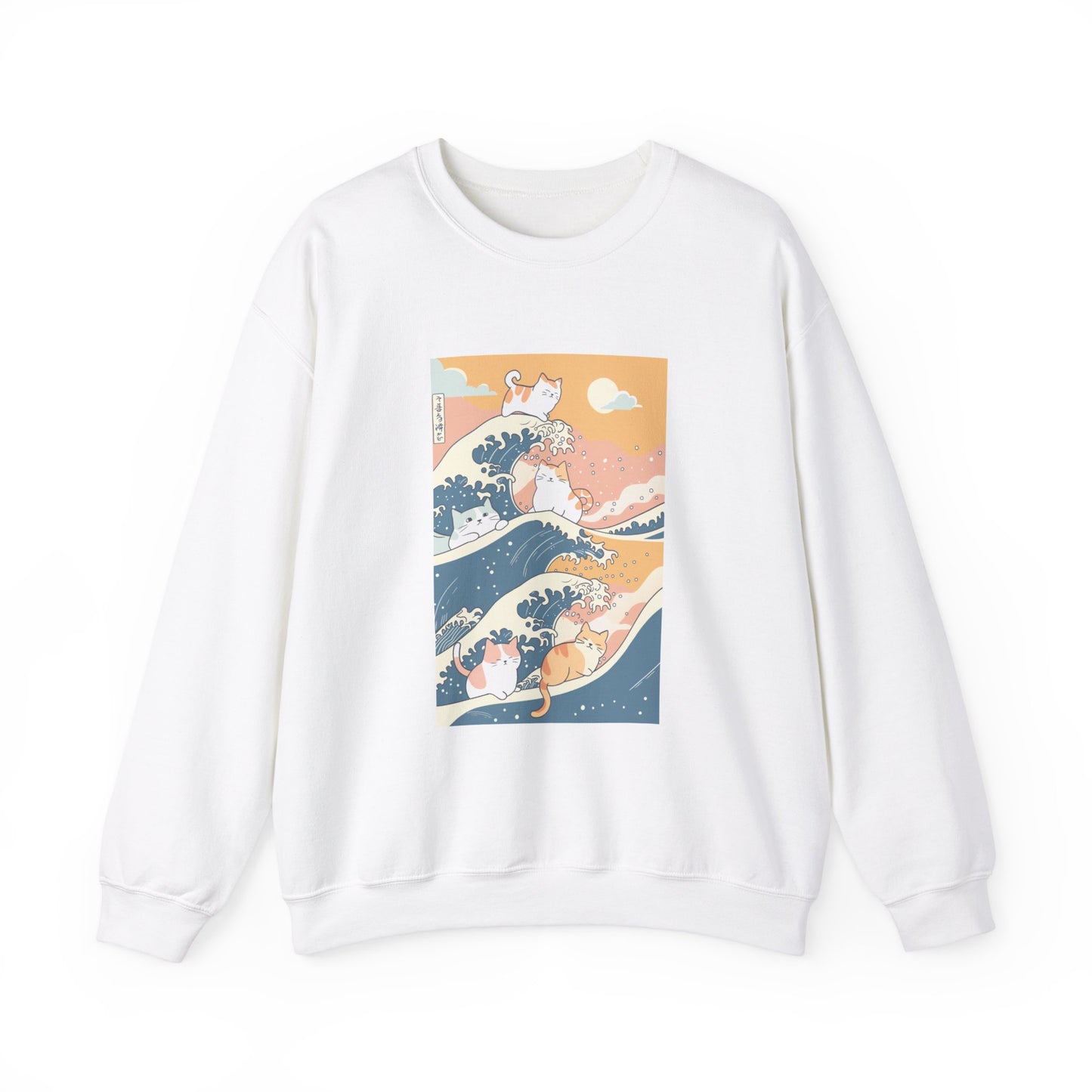 white sweatshirt featuring a simple doodle of cats riding Hokusai's Great Wave in a cute doodle style, with a pastel color palette