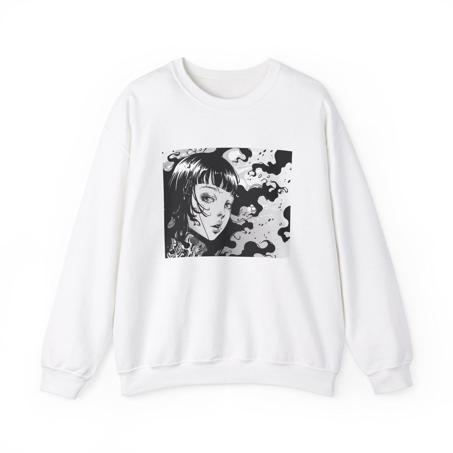 white Sweatshirt featuring a design of a comic book panel with a Japanese girl, depicted as an ethereal humanoid in a subtle 2D cartoon anime style with ink illustrations