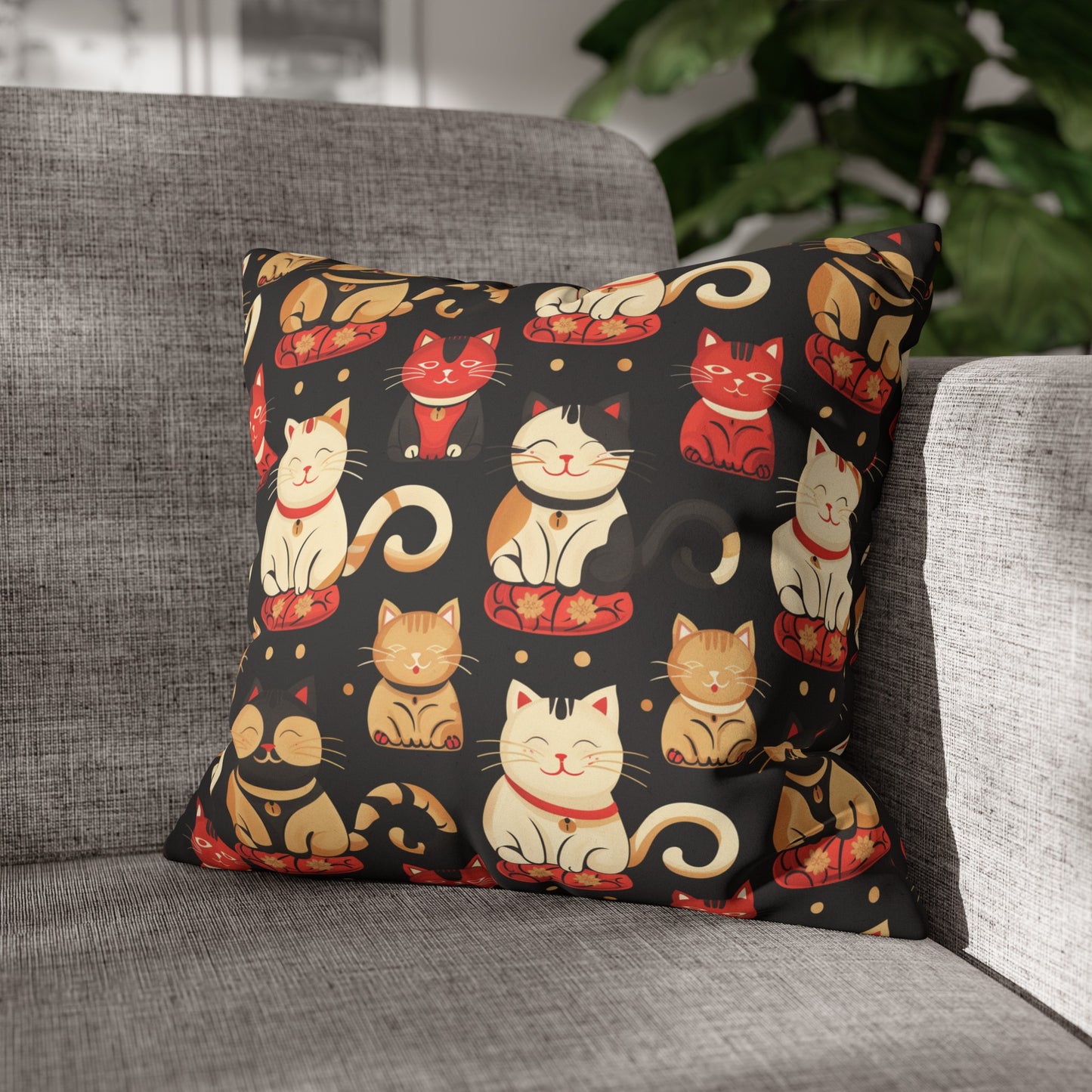 Maneki Neko Lucky Faux Suede Square Pillowcase - Nihon Kollection