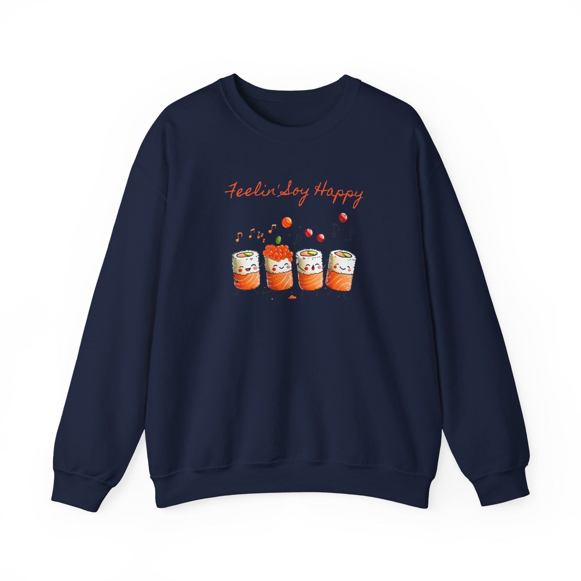 navy Sweatshirt featuring a playful design of dancing and singing sushi rolls with happy faces