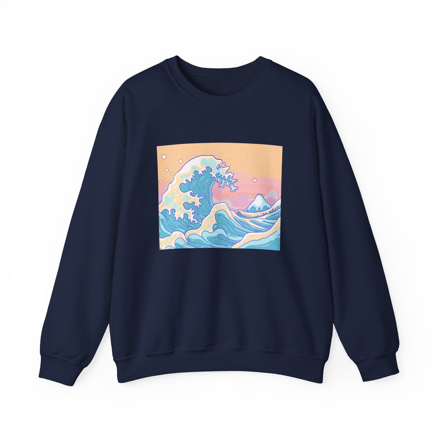 navy Sweatshirt featuring a design of a simple doodle of The Great Wave in a cute doodle style with a pastel color palette