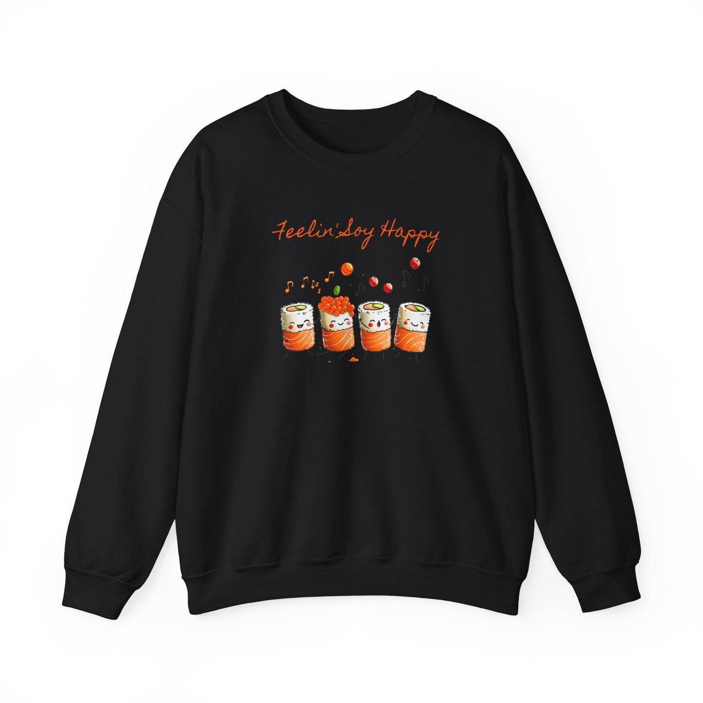 black Sweatshirt featuring a playful design of dancing and singing sushi rolls with happy faces