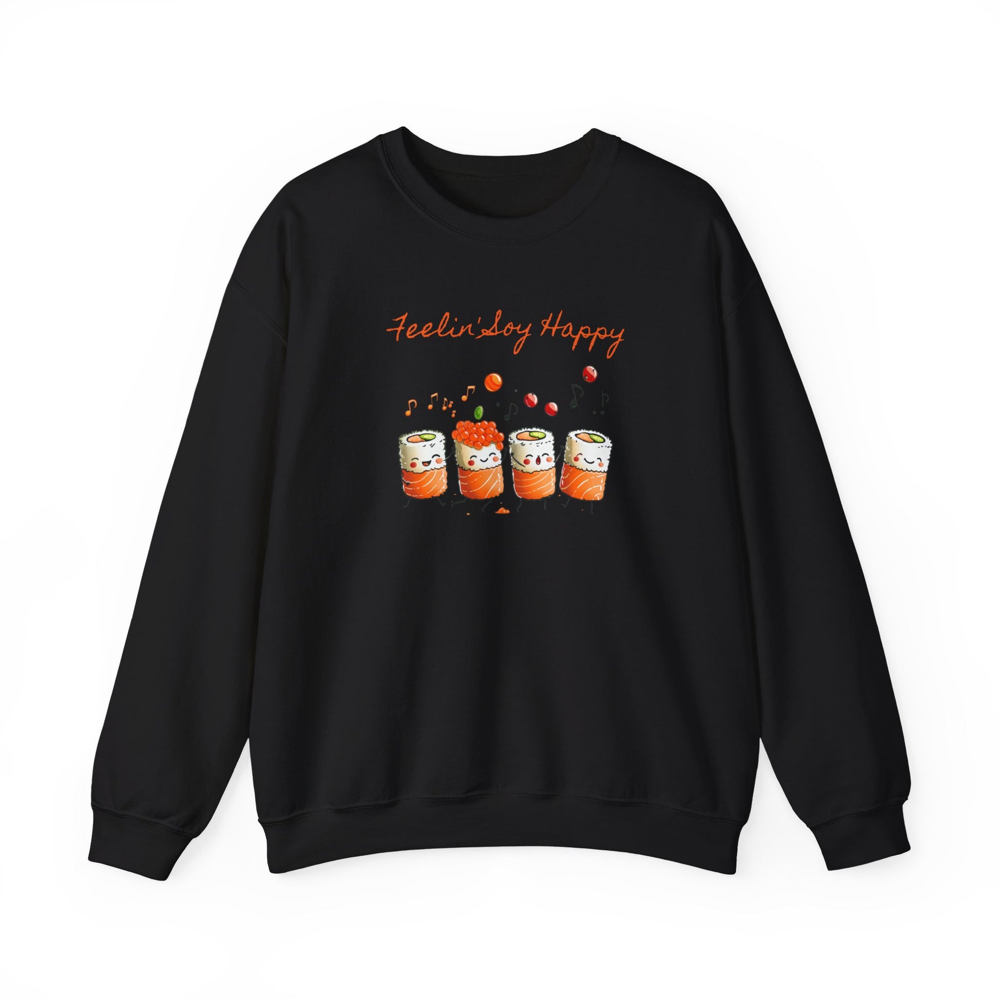 black Sweatshirt featuring a playful design of dancing and singing sushi rolls with happy faces