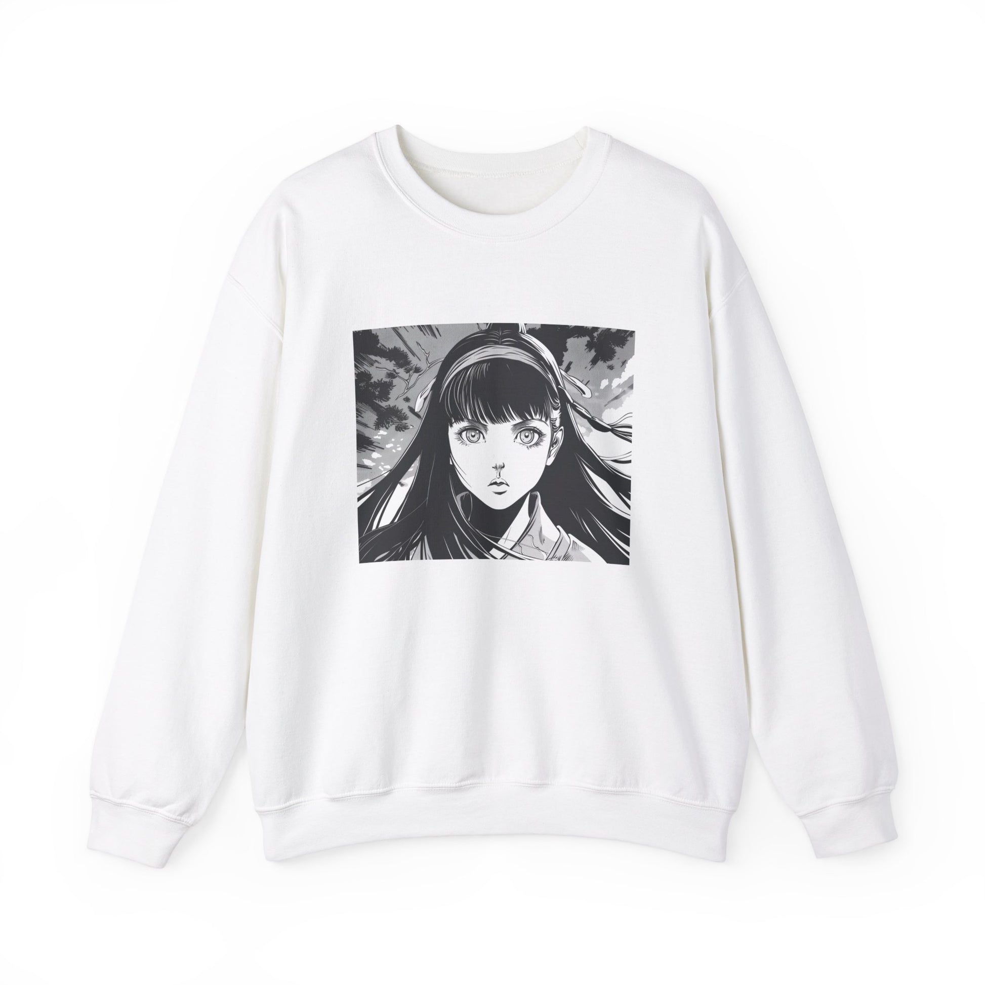 white Sweatshirt featuring a design of a comic book panel with a Japanese girl, depicted as an ethereal humanoid in a subtle 2D cartoon anime style with ink illustrations