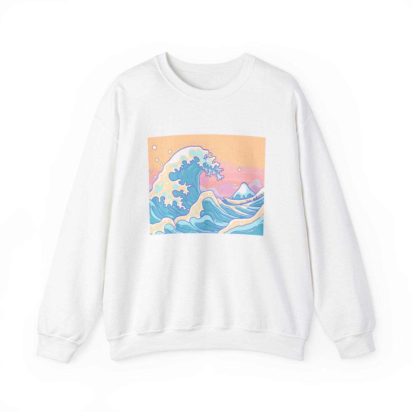 white Sweatshirt featuring a design of a simple doodle of The Great Wave in a cute doodle style with a pastel color palette