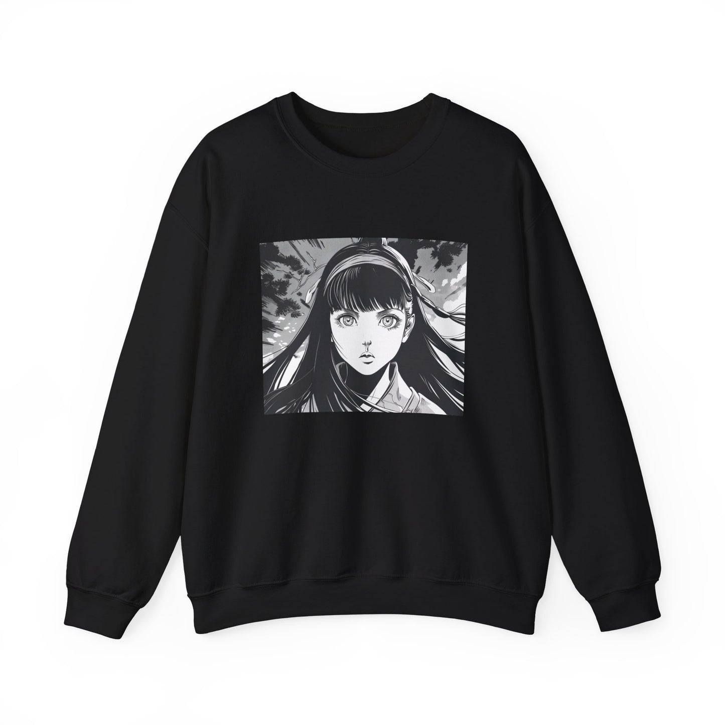 black Sweatshirt featuring a design of a comic book panel with a Japanese girl, depicted as an ethereal humanoid in a subtle 2D cartoon anime style with ink illustrations