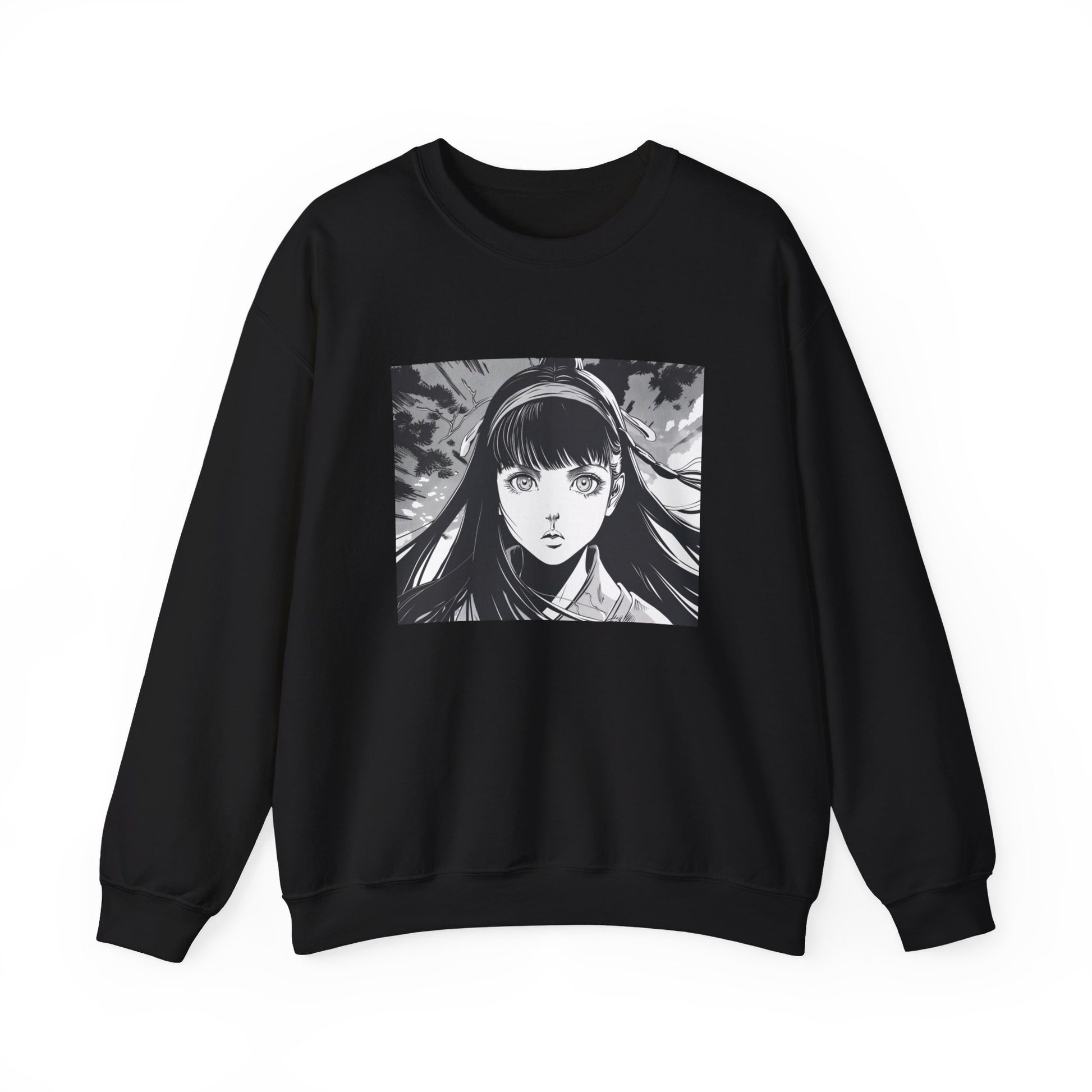 black Sweatshirt featuring a design of a comic book panel with a Japanese girl, depicted as an ethereal humanoid in a subtle 2D cartoon anime style with ink illustrations