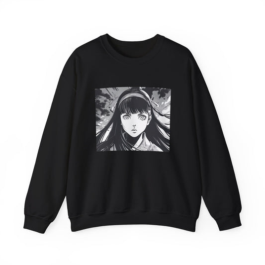 black Sweatshirt featuring a design of a comic book panel with a Japanese girl, depicted as an ethereal humanoid in a subtle 2D cartoon anime style with ink illustrations