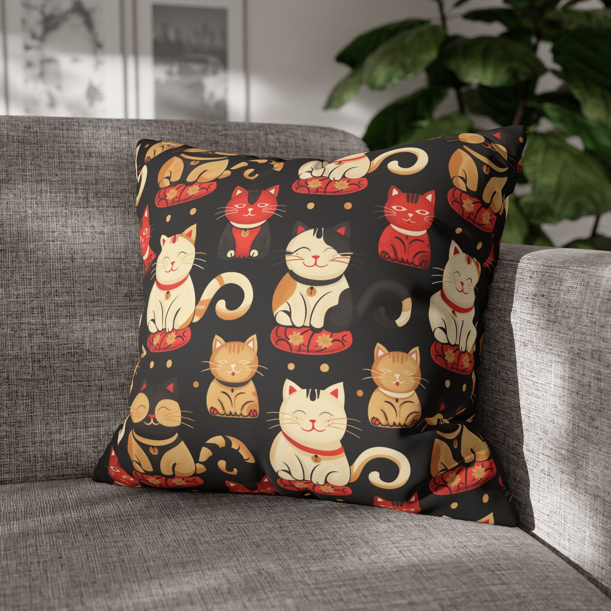 Maneki Neko Lucky Faux Suede Square Pillowcase - Nihon Kollection