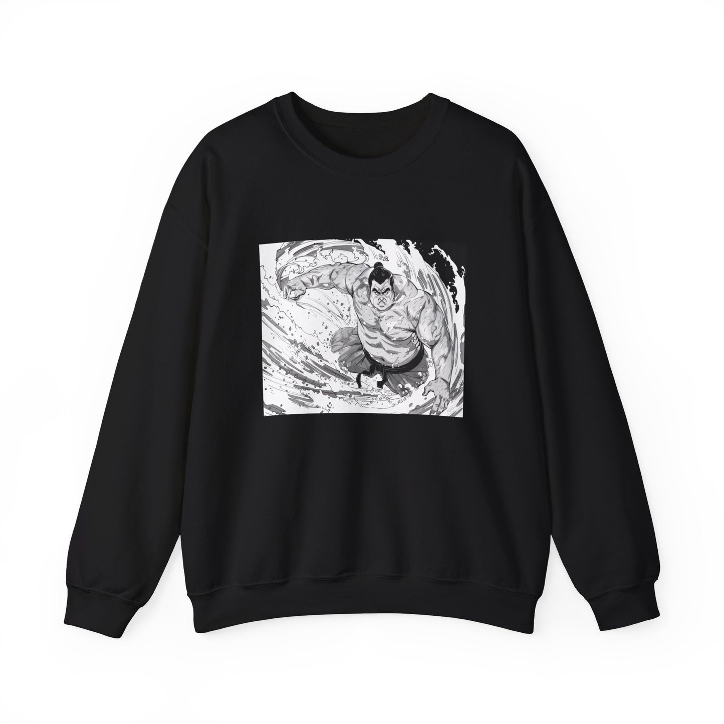 black Sweatshirt featuring a design of a comic book panel with a sumo wrestler, depicted as an ethereal humanoid in a subtle 2D cartoon anime style with ink illustrations