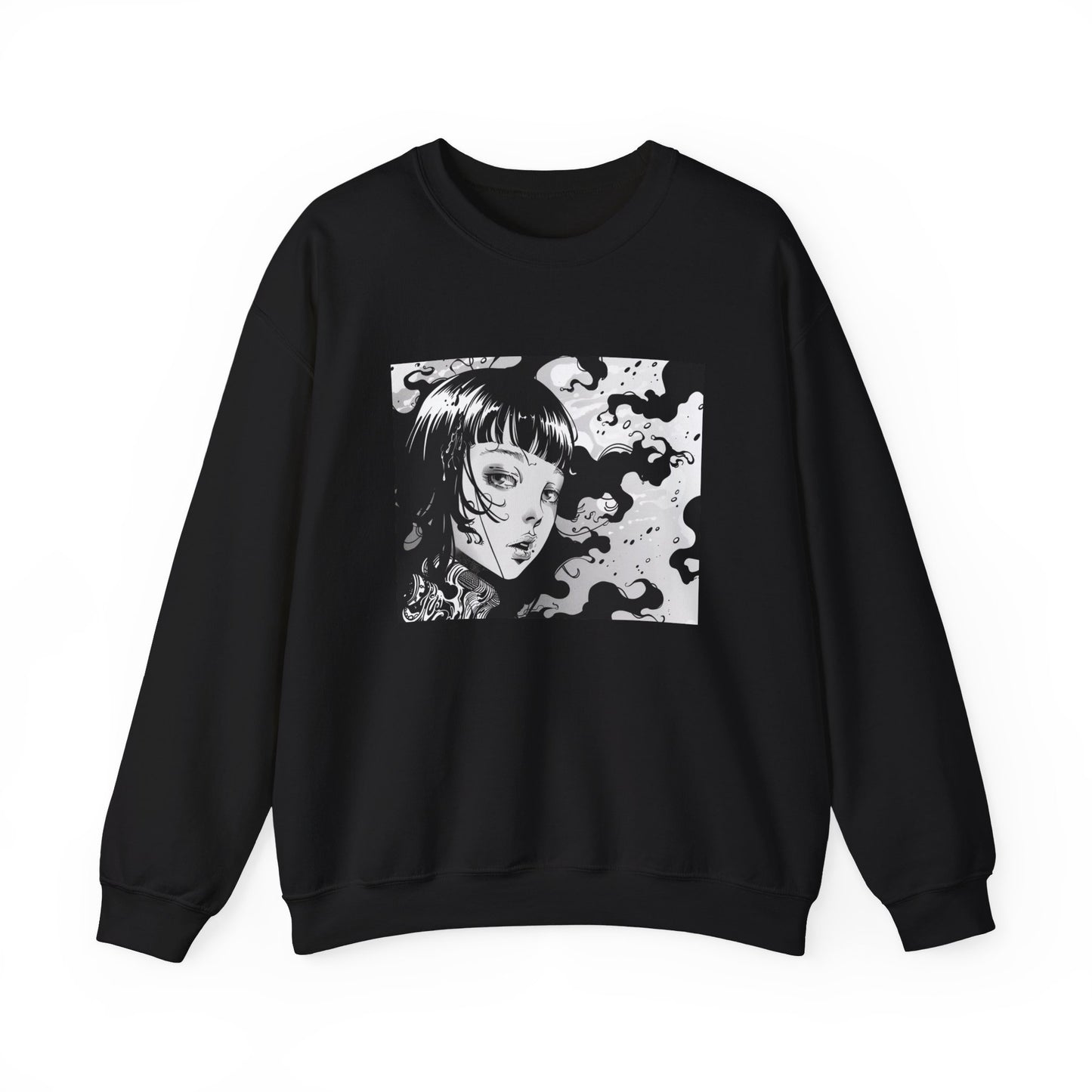 black Sweatshirt featuring a design of a comic book panel with a Japanese girl, depicted as an ethereal humanoid in a subtle 2D cartoon anime style with ink illustrations