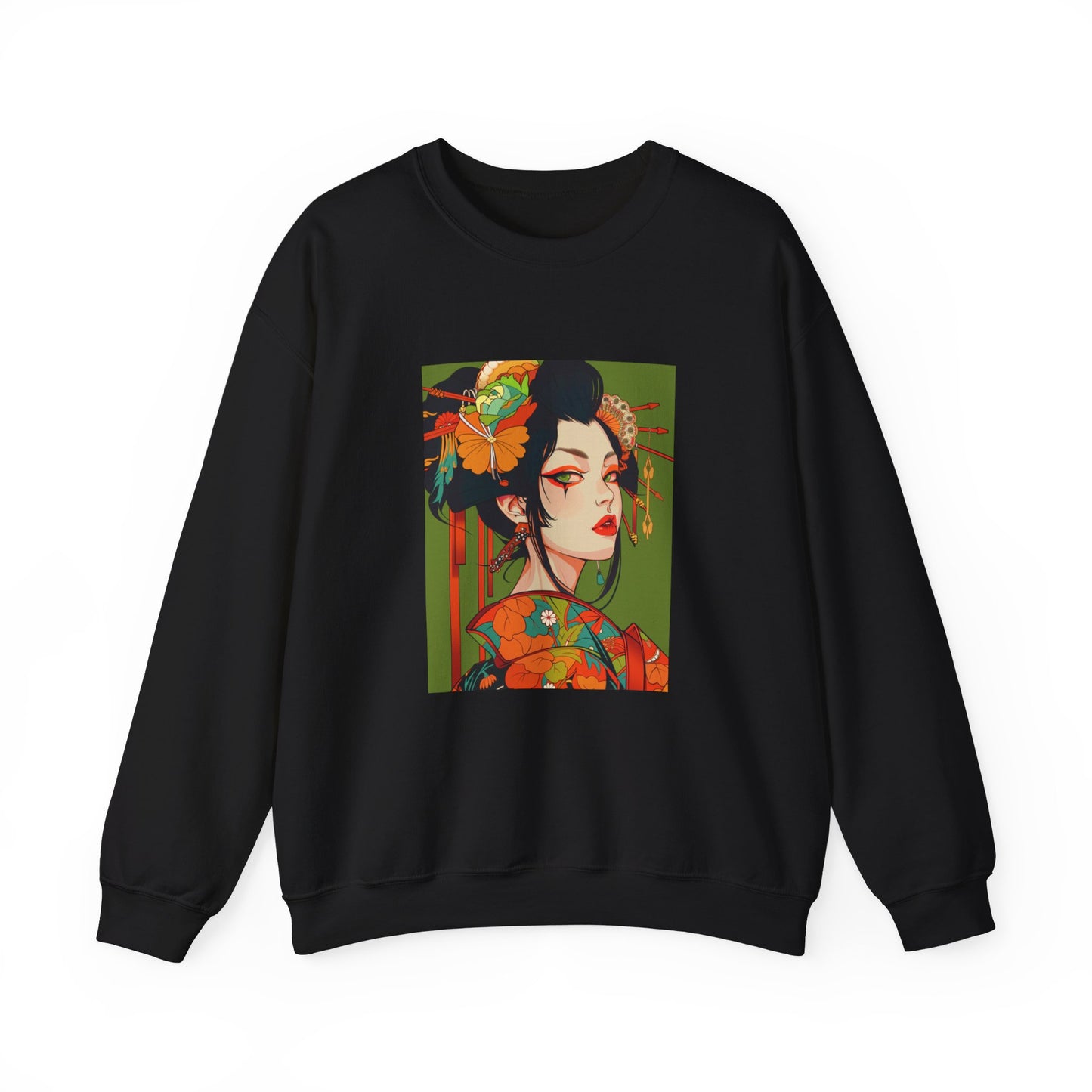 black Sweatshirt featuring an anime-style illustration of a geisha in the style of witchcraft and fantasy, with vibrant orange and green colors