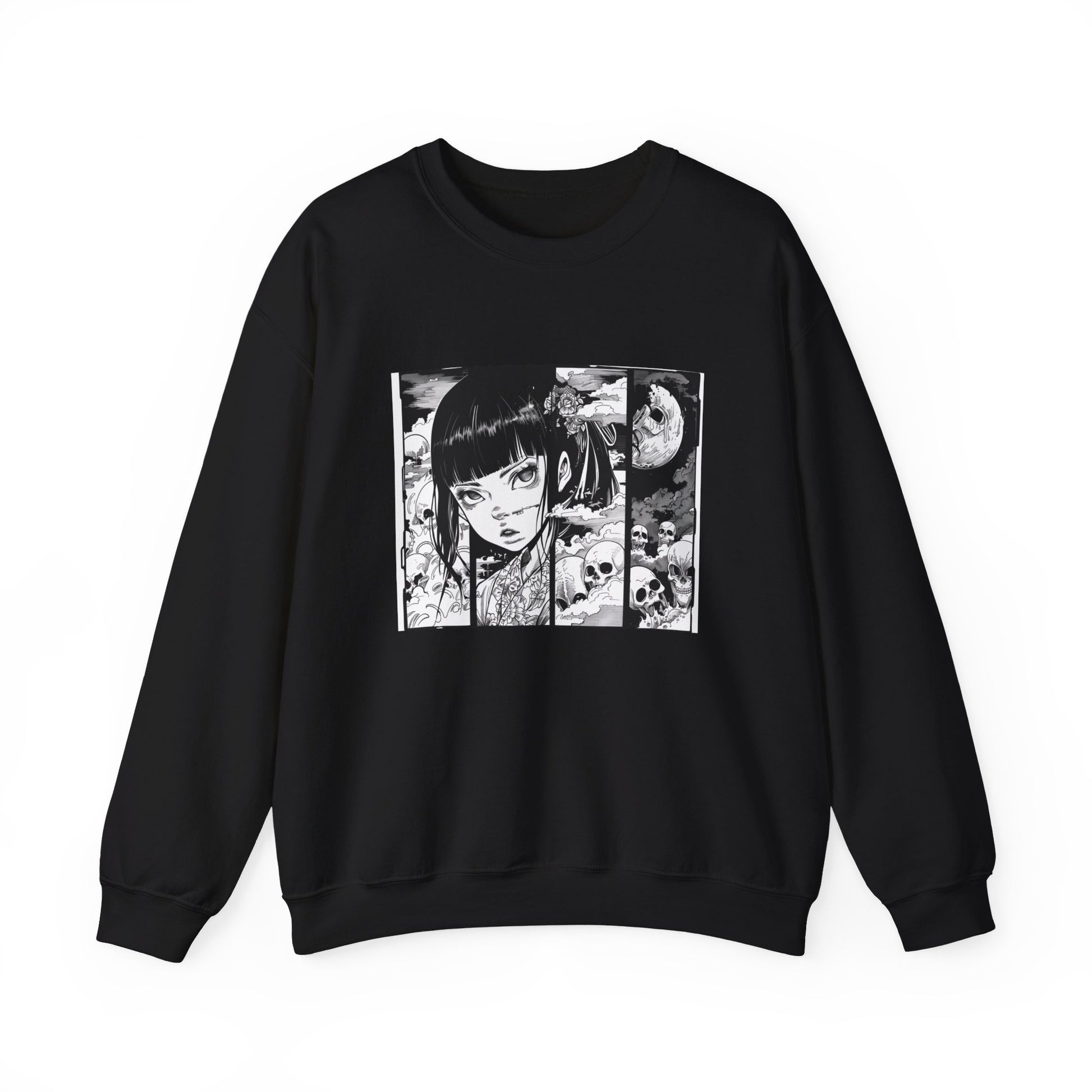 black Sweatshirt featuring a design of a comic book panel with a Japanese girl, depicted as an ethereal humanoid in a subtle 2D cartoon anime style with ink illustrations