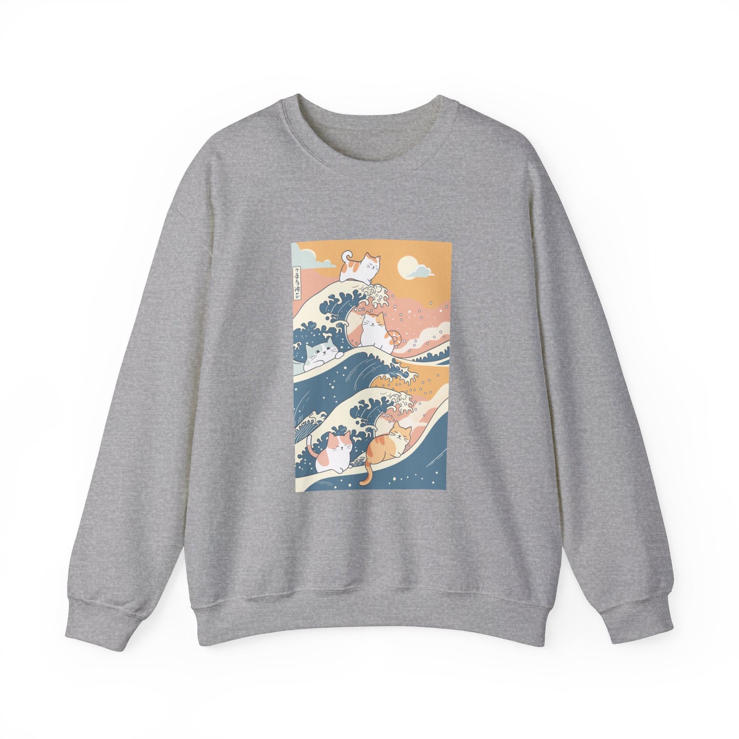 sport grey sweatshirt featuring a simple doodle of cats riding Hokusai's Great Wave in a cute doodle style, with a pastel color palette