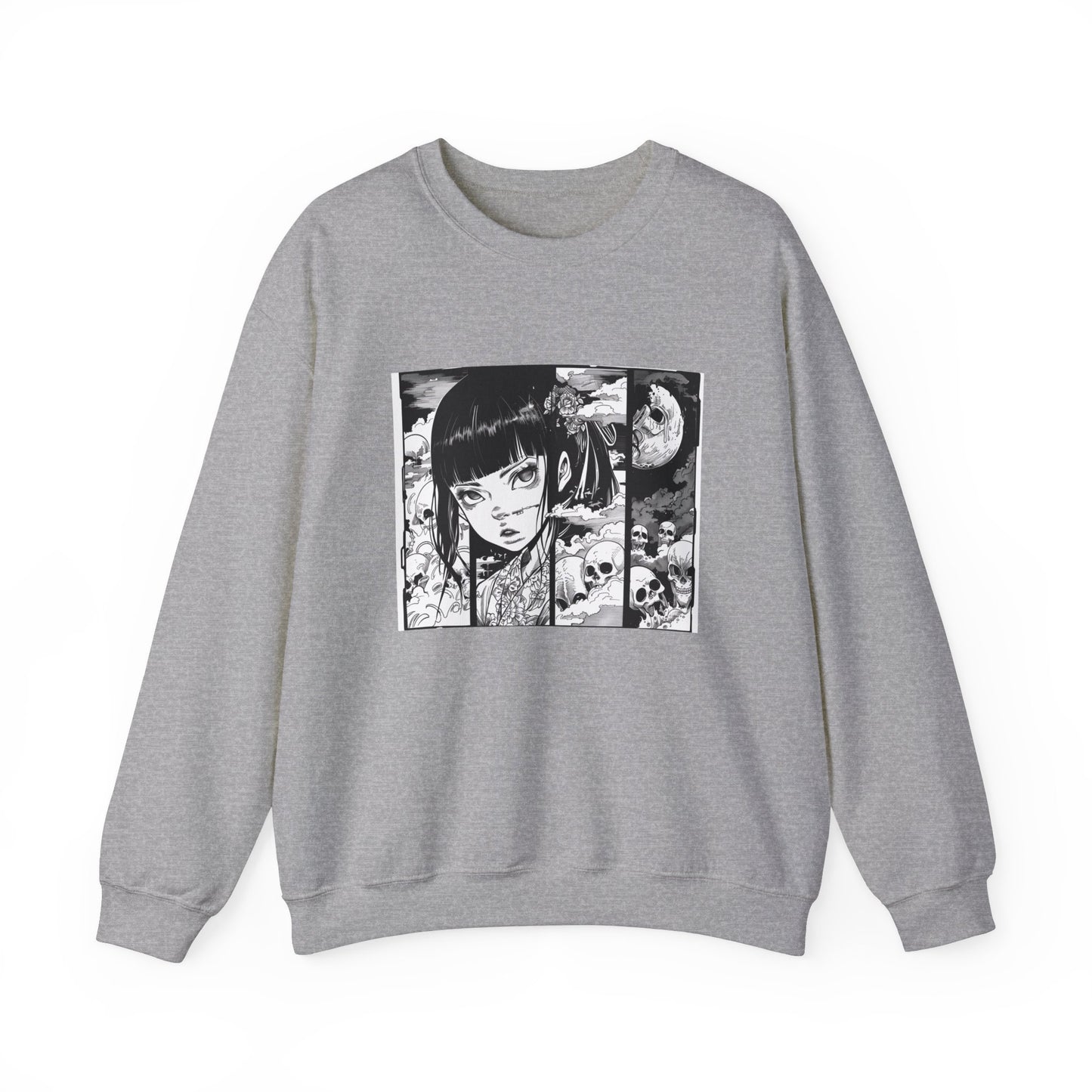 sport grey Sweatshirt featuring a design of a comic book panel with a Japanese girl, depicted as an ethereal humanoid in a subtle 2D cartoon anime style with ink illustrations