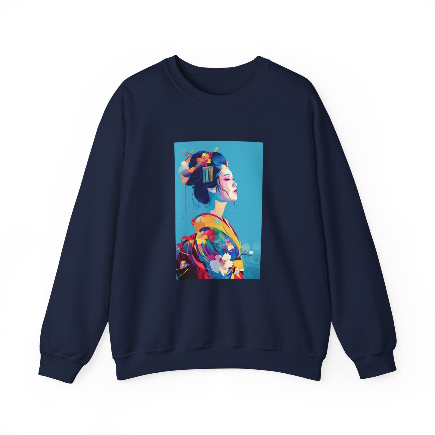 navy blue sweatshirt featuring a colorful anime-style illustration of a geisha. The geisha is depicted with intricate details, including traditional attire and ornate hair accessories, set against the vibrant blue background