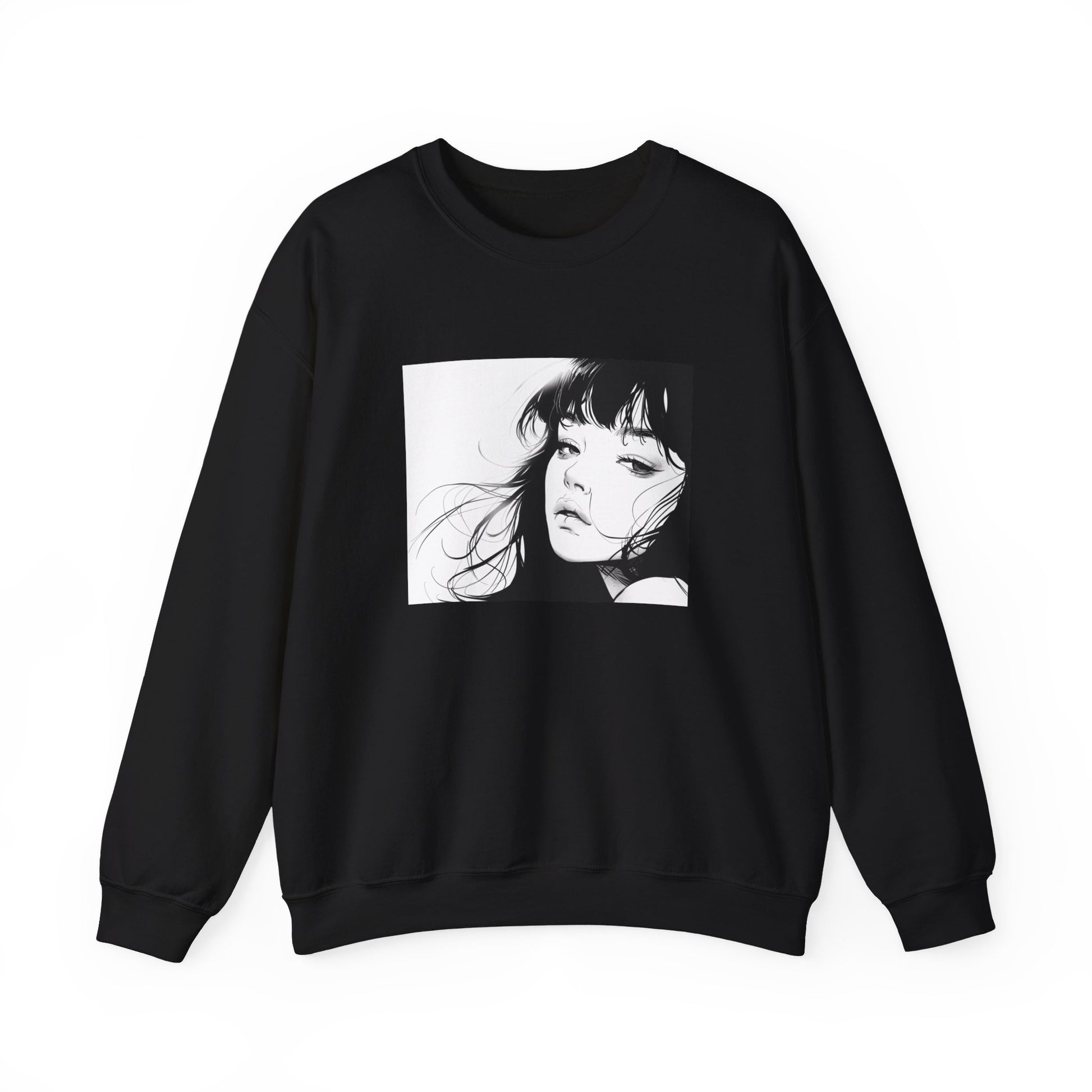 black sweatshirt with a bold black and white design of a girl in anime style. The illustration features the girl with expressive eyes and detailed hair, creating a striking contrast against the white background