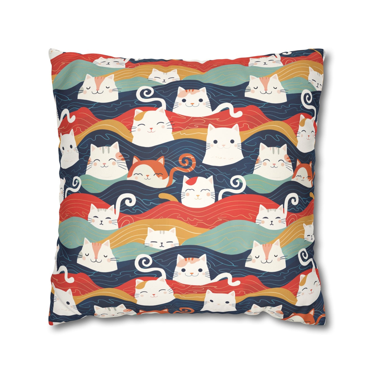 Japanese Cat with Wave Faux Suede Square Pillowcase - Nihon Kollection