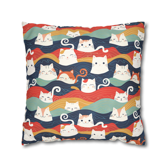 Japanese Cat with Wave Faux Suede Square Pillowcase - Nihon Kollection