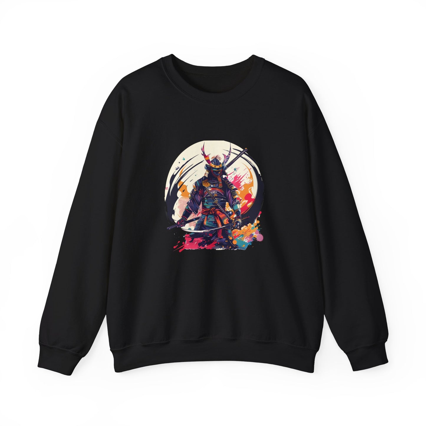 black sweatshirt featuring a colorful cartoon-style illustration of a samurai