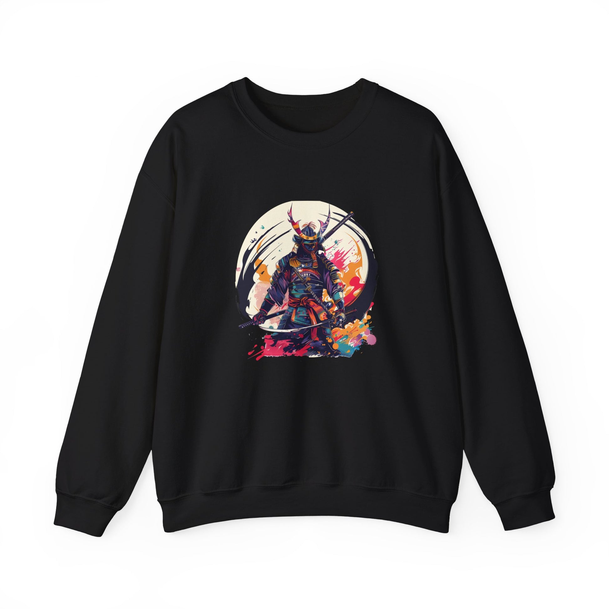 black sweatshirt featuring a colorful cartoon-style illustration of a samurai