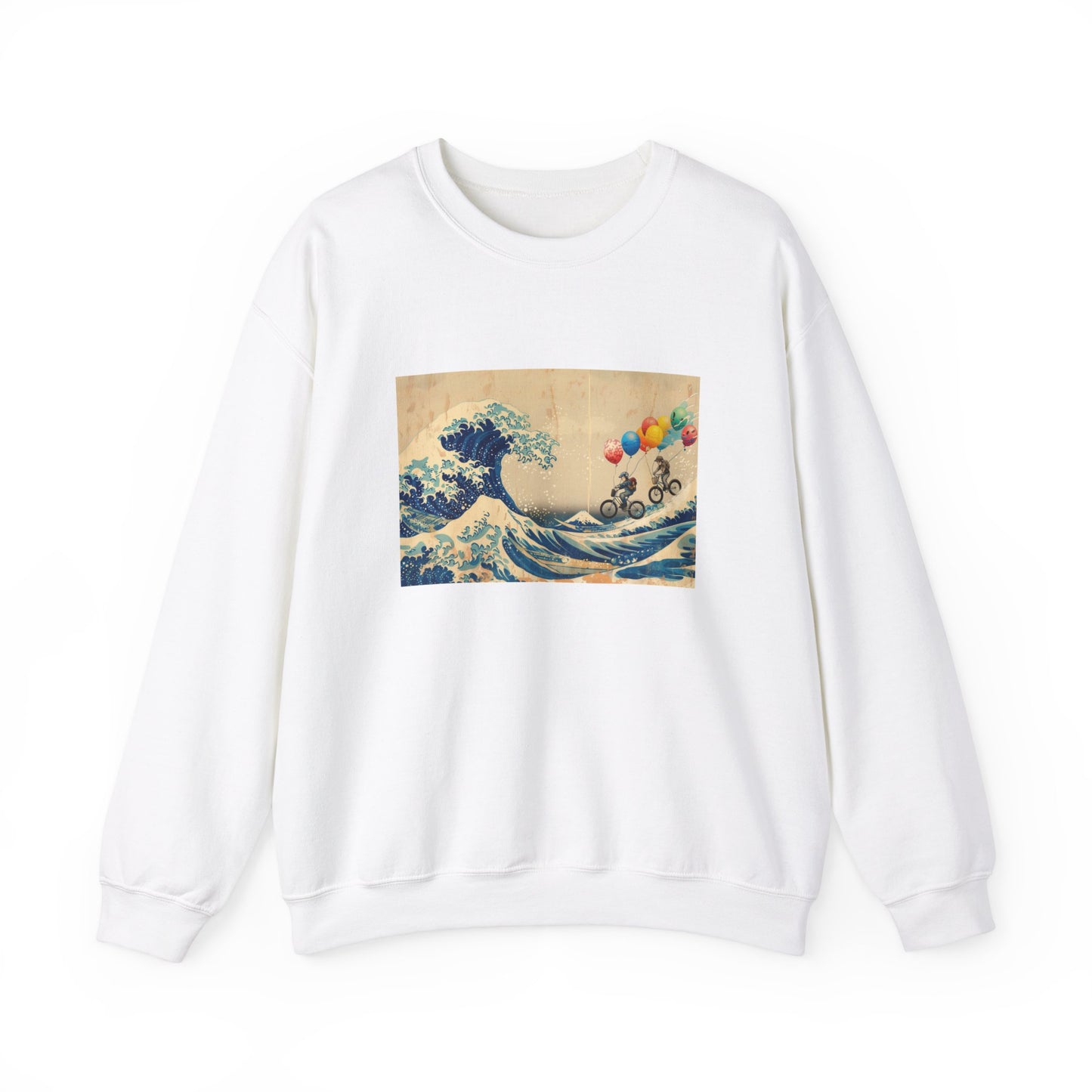 white Sweatshirt featuring a unique design of bicycle riders with balloons superimposed on Hokusai's The Great Wave. The riders are depicted pedaling across the iconic wave, holding colorful balloons that contrast with the traditional blue and white artwork