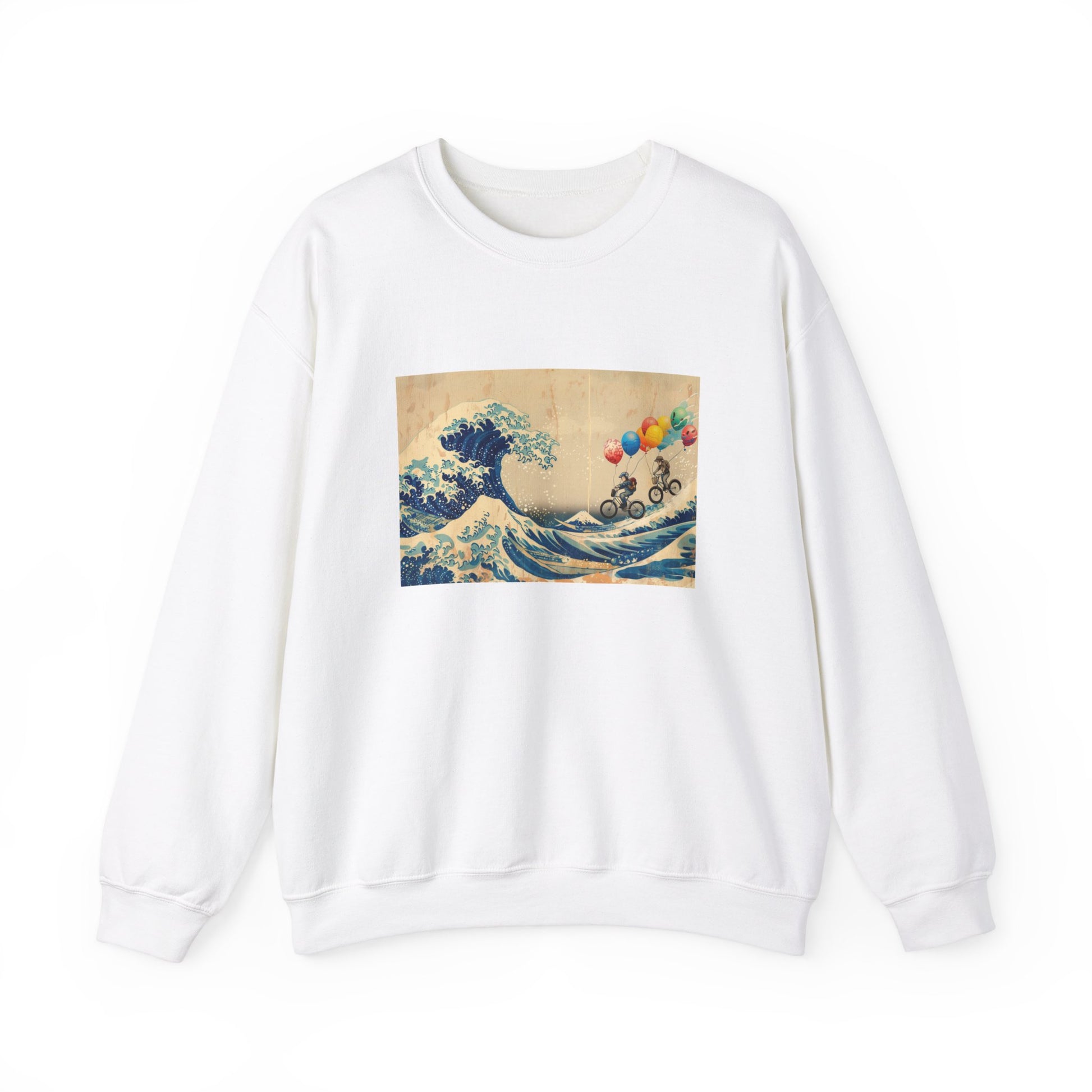 white Sweatshirt featuring a unique design of bicycle riders with balloons superimposed on Hokusai's The Great Wave. The riders are depicted pedaling across the iconic wave, holding colorful balloons that contrast with the traditional blue and white artwork