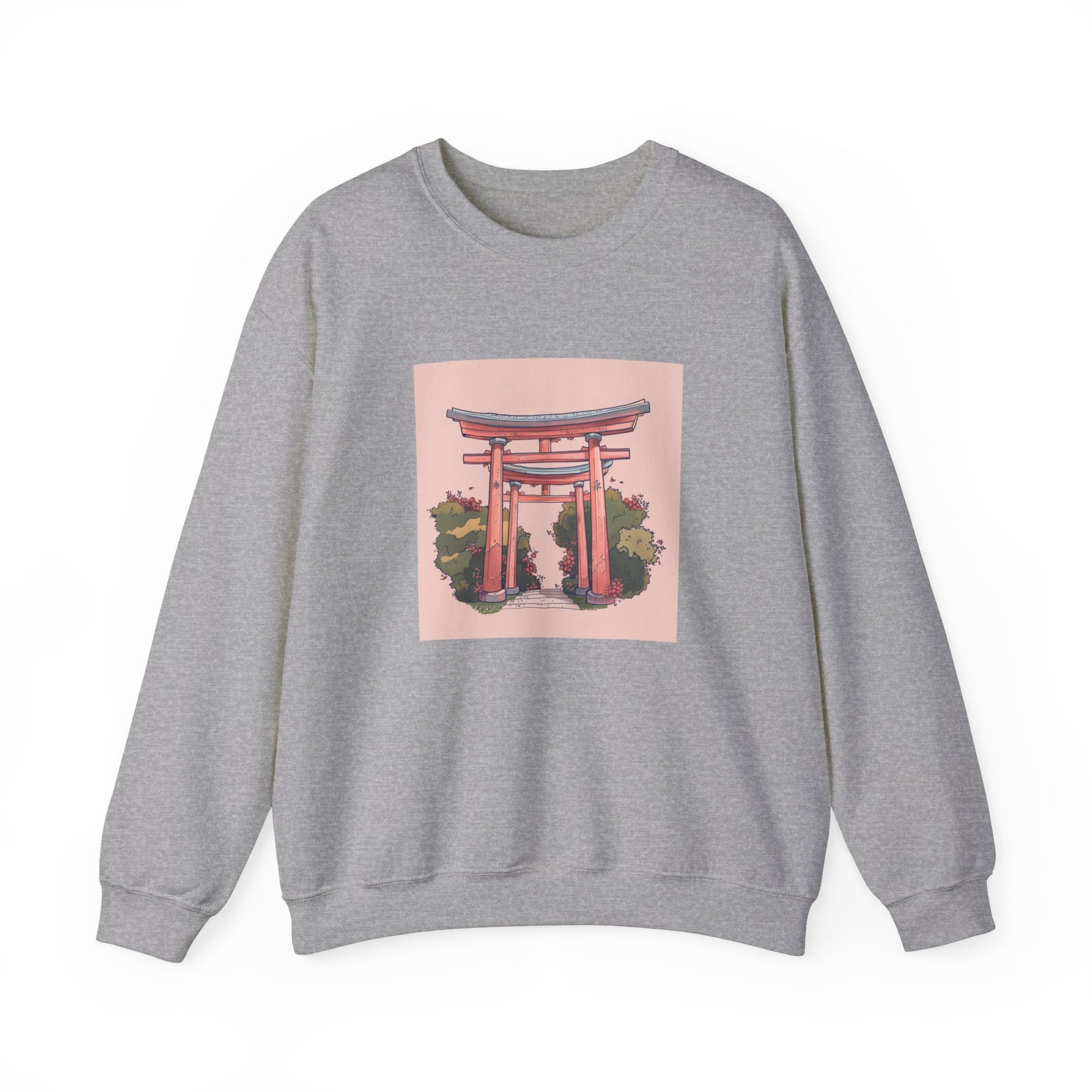 sport grey Sweatshirt featuring a simple doodle of a torii gate in a cute doodle style, with a pastel color palette