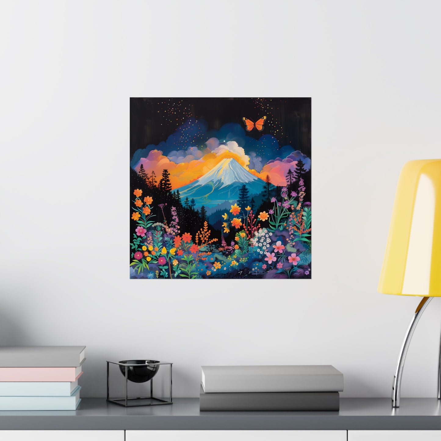 Mount Fuji with Butterflies and Flowers Poster - Nihon Kollection