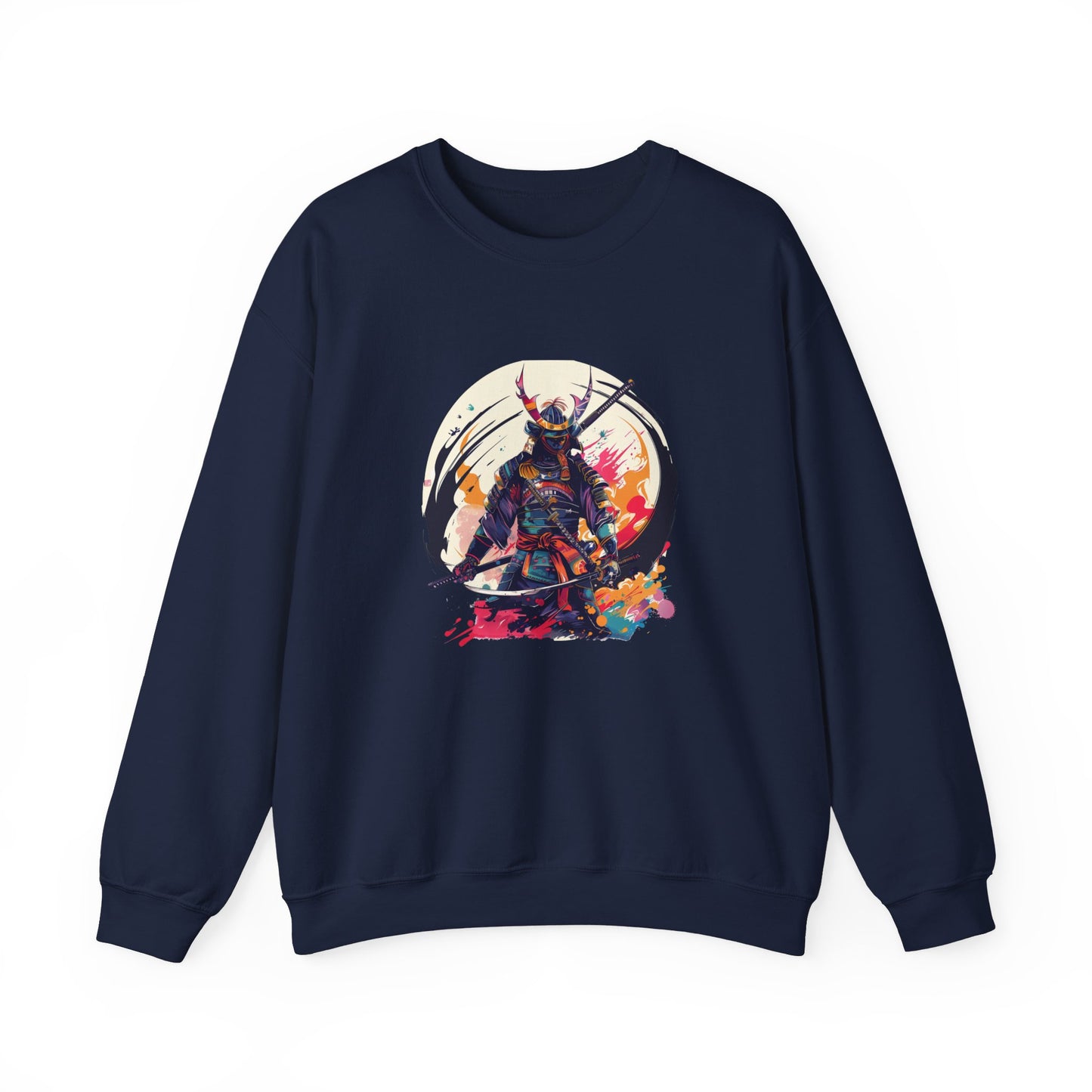 navy sweatshirt featuring a colorful cartoon-style illustration of a samurai