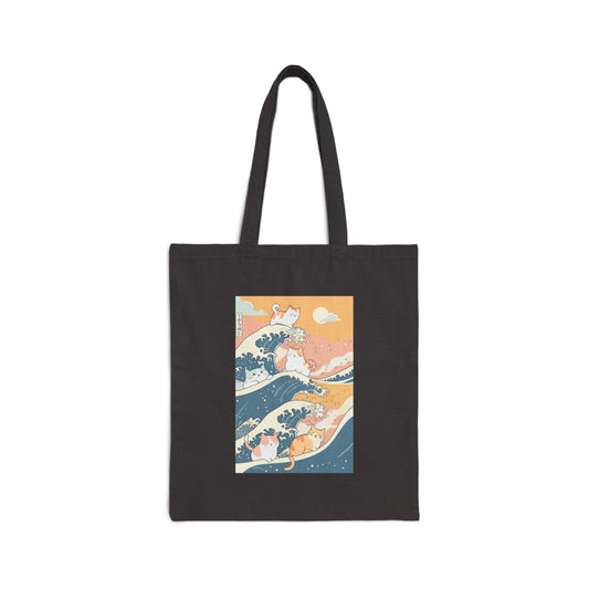 black tote bag featuring a simple doodle of cats riding Hokusai's Great Wave in a cute doodle style, with a pastel color palette