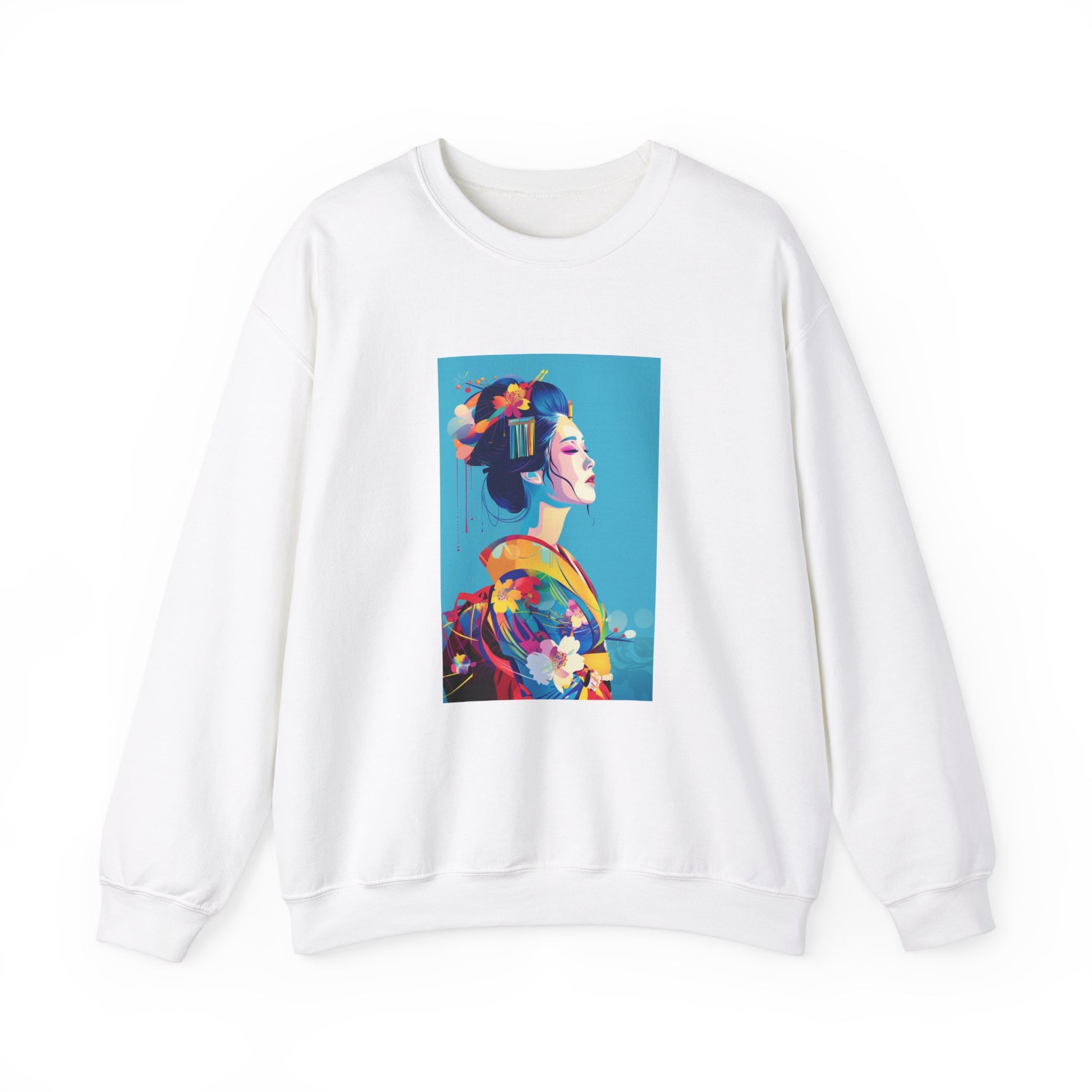 white sweatshirt featuring a colorful anime-style illustration of a geisha. The geisha is depicted with intricate details, including traditional attire and ornate hair accessories, set against the vibrant blue background