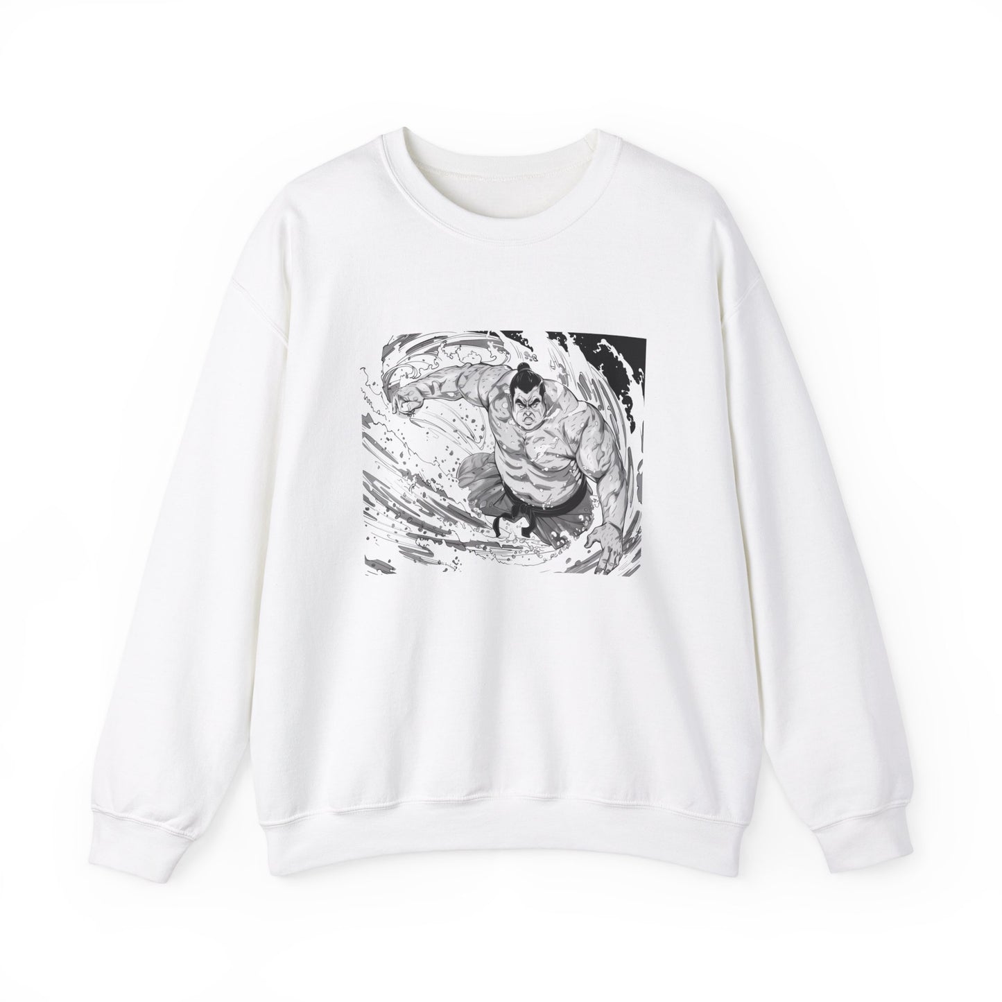 white Sweatshirt featuring a design of a comic book panel with a sumo wrestler, depicted as an ethereal humanoid in a subtle 2D cartoon anime style with ink illustrations